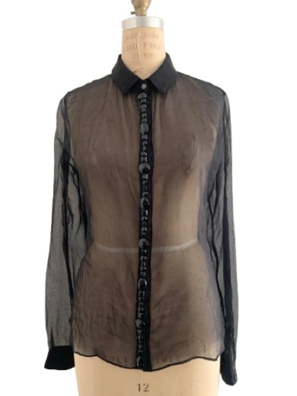 Sheer See-Through Black Jeweled Button-Up Silk Blouse Shirt Top